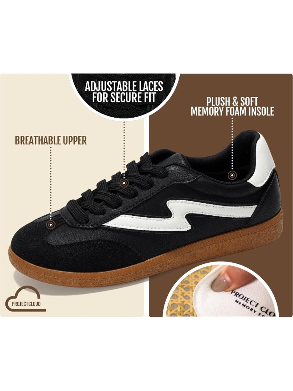 Project Cloud Women's Black Sneakers Plush & Soft Memory Foam Insole Lace Up - Picture 2 of 5